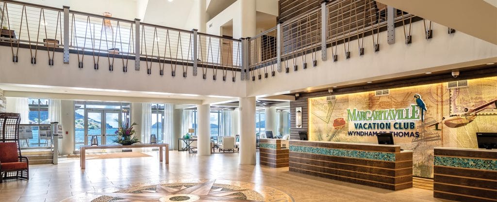 The lobby and check-in counters at Margaritaville Vacation Club